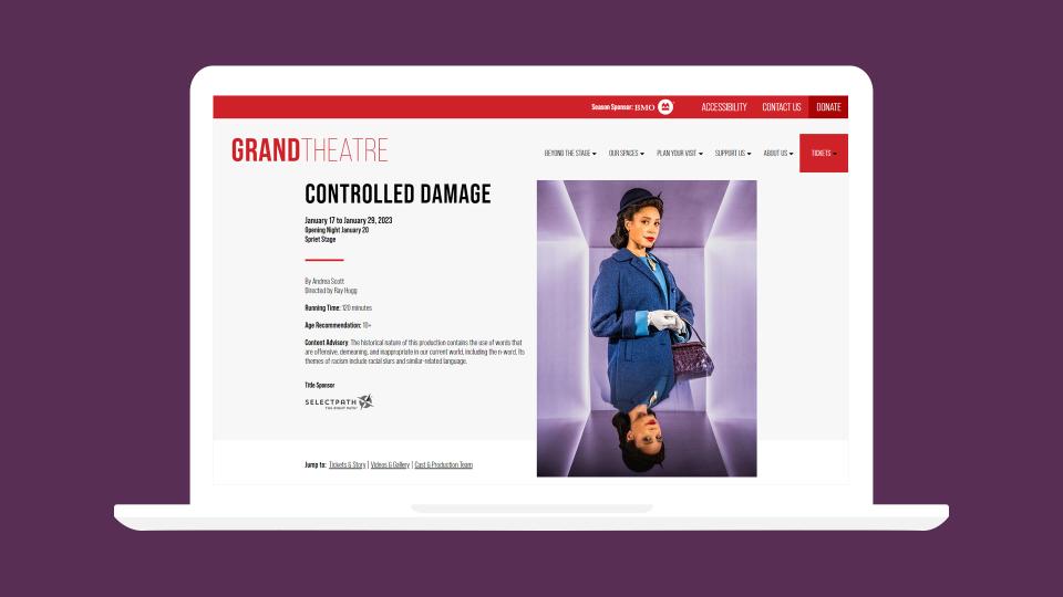 a show page on the Grand Theatre website shown on a laptop