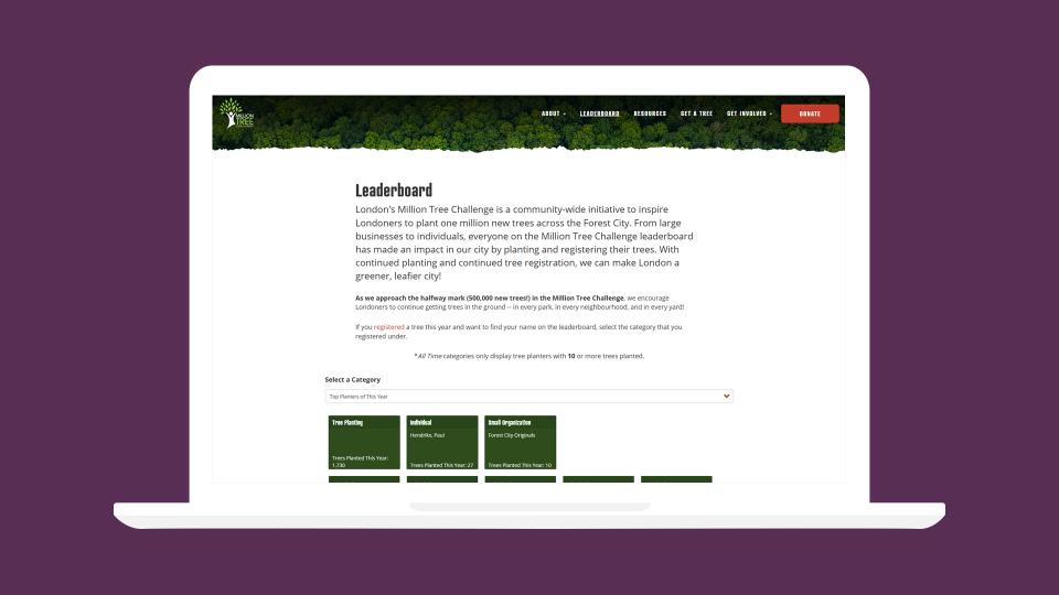 The new leaderboard page on the Million Trees website