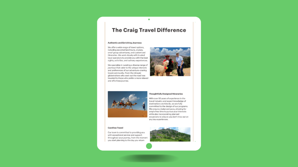 Craig Travel website about us page displayed on a white tablet with a lime green background.