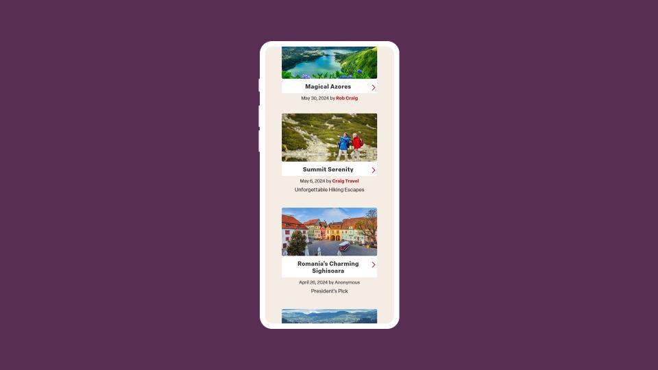 Craig Travel website journeys page displayed on a white phone with a dark purple background.