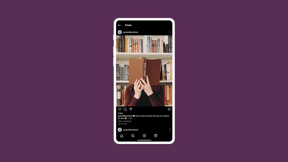 A picture of an Instagram post showing a person holding a brown book up to their face, covering their face with the book