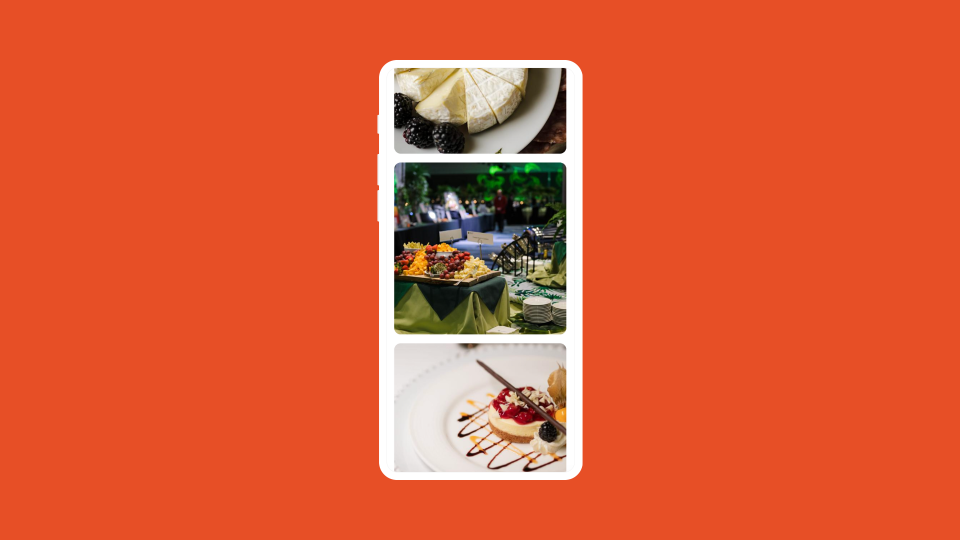 A phone showing off the menu food gallery images. Featuring cheese, platters, and cheesecake.Yum.