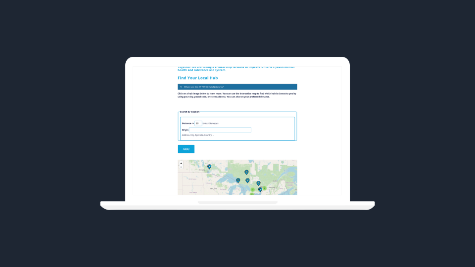 A laptop showing off the find my hub resource map on youthhubs.ca