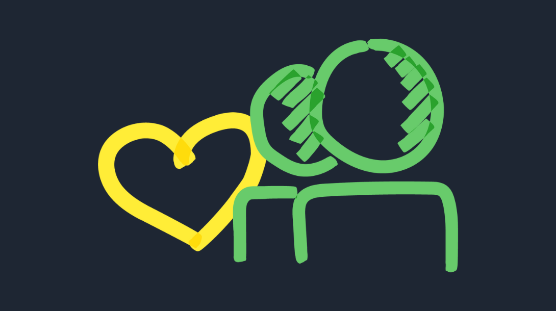 An icon of a yellow drawn heart with two people in green.