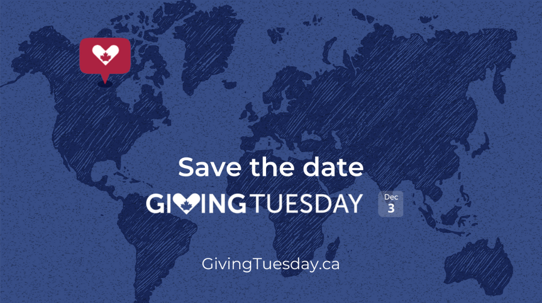 A map of the world saying save the date for Giving Tuesday on December 3