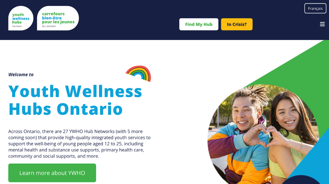 Shows the homepage of youthhubs.ca with elements in English and French, find my hub and in crisis in the navigation, and a french translate button. The homepage explains what Youth Wellness Hubs Ontario is with a picture of youth.