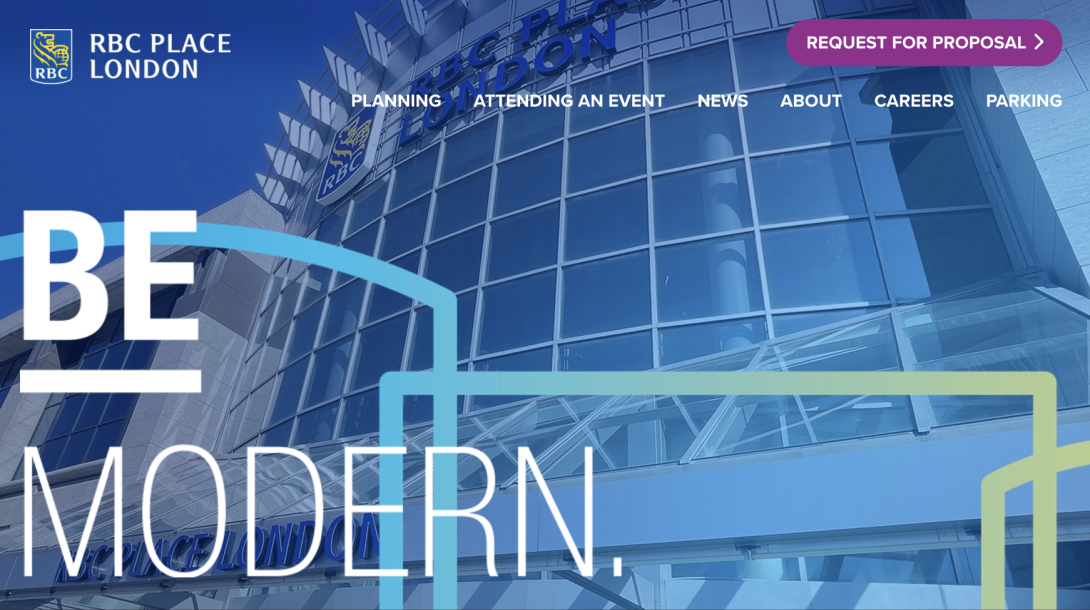 A picture of the hero image on the RBC Place London website featuring the outside of the building, with "Be Modern" overtop and lines representing a city skyline.