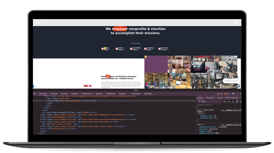A laptop open to the rTraction website open in inspect mode with code