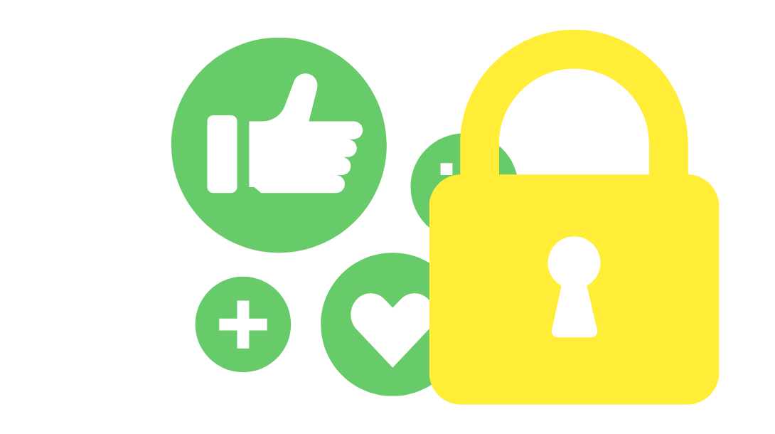 A yellow lock overtop of green social icons like a like button and a heart button