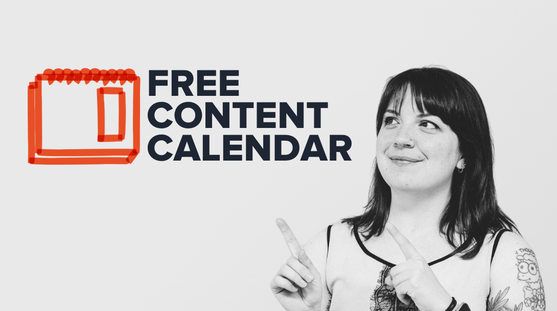 A young marketer is pointing to text that reads "Free Content Calendar"