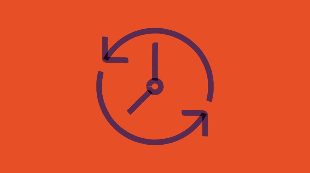 A picture of a clock icon in purple on an orange background